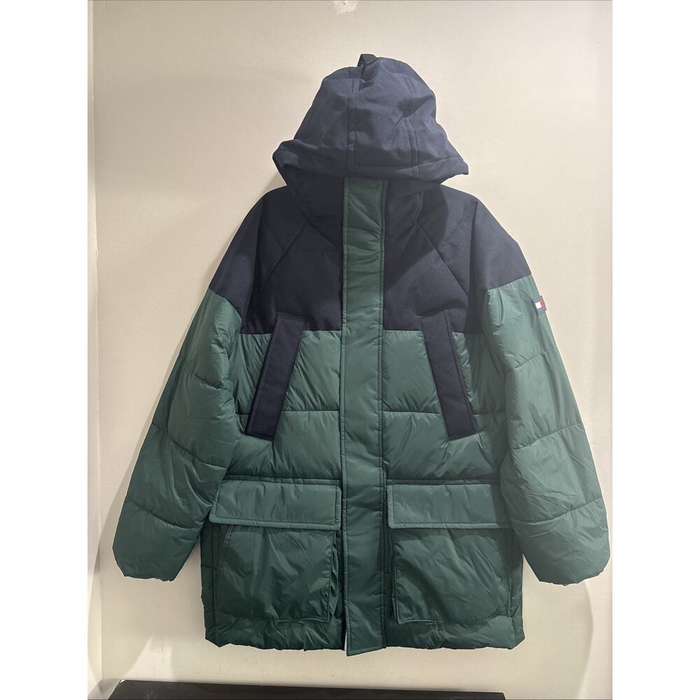 Tommy Hilfiger Colorblock Parka Coat Jacket Mens Size M Hooded Green Blue RARE